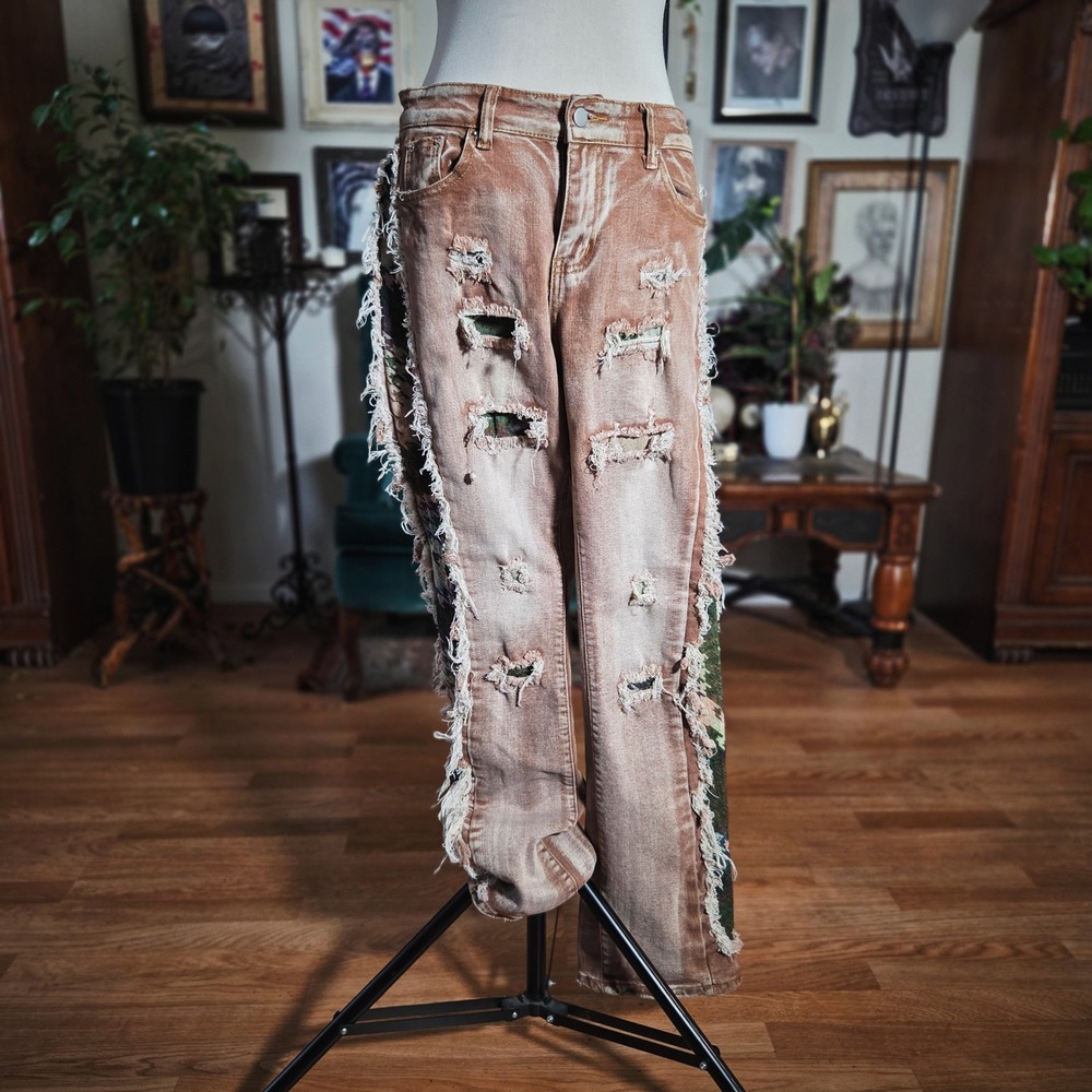 Watson Distressed Brown Camo Patch Denim Jeans Tapestry Side Stripe Frayed‎